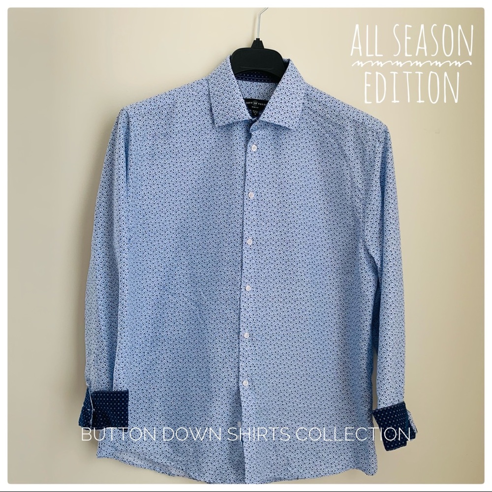 🧵SOCIETY OF THREADS Slim Fit Floral Patterned Light Blue and White Button Down